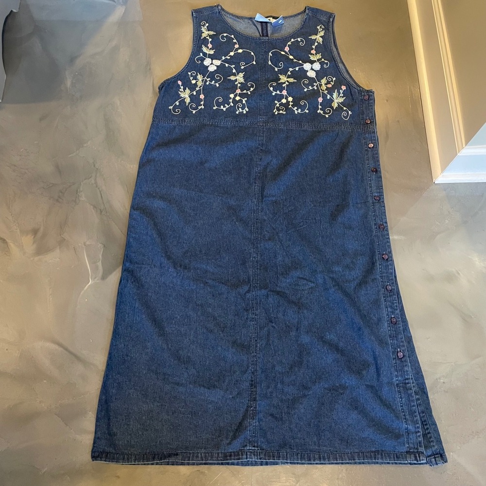 Erika II & Co Womens 2X Denim Floral Embroidered Jumper Dress Blue Cottagecore